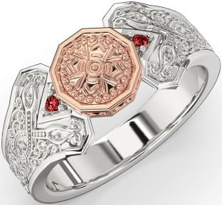 Garnet White Rose Gold Celtic Warrior Signet Ring Mens Ladies Unisex