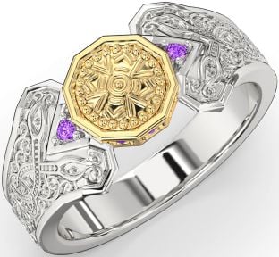 Amethyst White Yellow Gold Celtic Warrior Signet Ring Mens Ladies Unisex