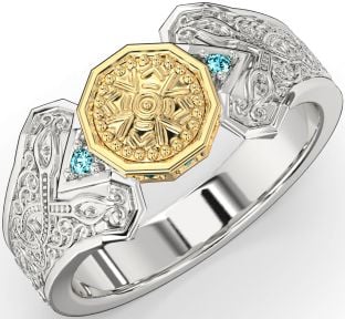 Aquamarine White Yellow Gold Celtic Warrior Signet Ring Mens Ladies Unisex