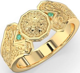 Emerald Gold Celtic Warrior Signet Ring Mens Ladies Unisex