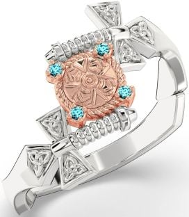 Aquamarine Rose Gold Silver Celtic Warrior Sword Trinity Knot Ring Mens Ladies Unisex