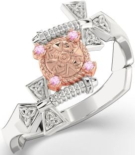 Pink Tourmaline Rose Gold Silver Celtic Warrior Sword Trinity Knot Ring Mens Ladies Unisex