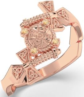 Citrine Rose Gold Celtic Warrior Sword Trinity Knot Ring Mens Ladies Unisex