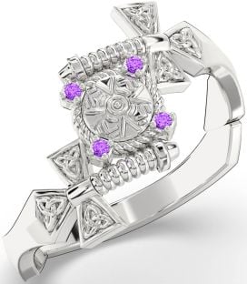 Amethyst Silver Celtic Warrior Sword Trinity Knot Ring Mens Ladies Unisex