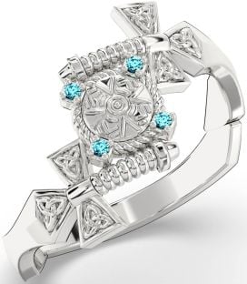 Aquamarine Silver Celtic Warrior Sword Trinity Knot Ring Mens Ladies Unisex