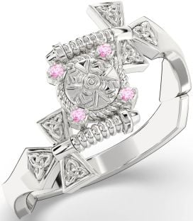 Pink Tourmaline Silver Celtic Warrior Sword Trinity Knot Ring Mens Ladies Unisex