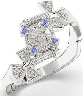 Sapphire Silver Celtic Warrior Sword Trinity Knot Ring Mens Ladies Unisex