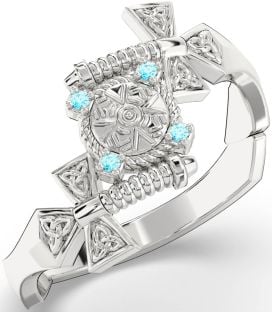 Topaz Silver Celtic Warrior Sword Trinity Knot Ring Mens Ladies Unisex