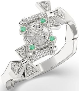 Emerald White Gold Celtic Warrior Sword Trinity Knot Ring Mens Ladies Unisex