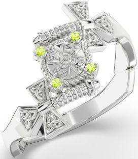 Peridot White Gold Celtic Warrior Sword Trinity Knot Ring Mens Ladies Unisex