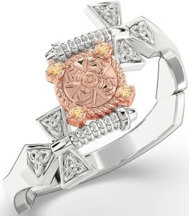 Citrine White Rose Gold Celtic Warrior Sword Trinity Knot Ring Mens Ladies Unisex