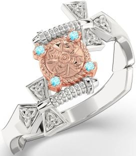 Topaz White Rose Gold Celtic Warrior Sword Trinity Knot Ring Mens Ladies Unisex