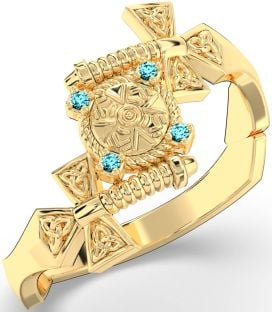 Aquamarine Gold Celtic Warrior Sword Trinity Knot Ring Mens Ladies Unisex