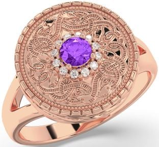 Men's Diamond Amethyst Rose Gold Silver Warrior Signet Ring Mens Ladies Unisex