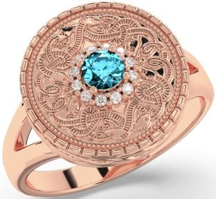 Men's Diamond Aquamarine Rose Gold Silver Warrior Signet Ring Mens Ladies Unisex