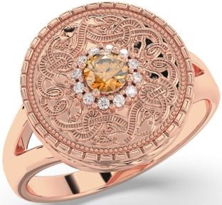 Men's Diamond Citrine Rose Gold Silver Warrior Signet Ring Mens Ladies Unisex