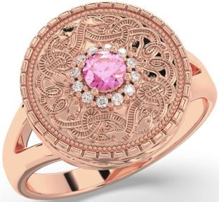 Men's Diamond Pink Tourmaline Rose Gold Silver Warrior Signet Ring Mens Ladies Unisex