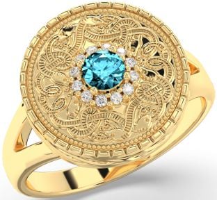 Men's Diamond Aquamarine Gold Silver Warrior Signet Ring Mens Ladies Unisex