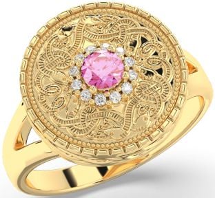 Men's Diamond Pink Tourmaline Gold Silver Warrior Signet Ring Mens Ladies Unisex