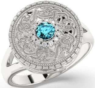 Men's Diamond Aquamarine Silver Warrior Signet Ring Mens Ladies Unisex