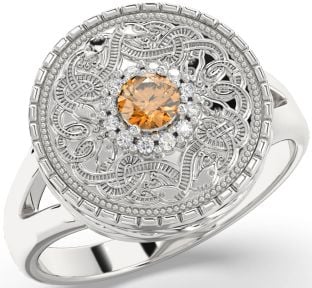 Men's Diamond Citrine Silver Warrior Signet Ring Mens Ladies Unisex