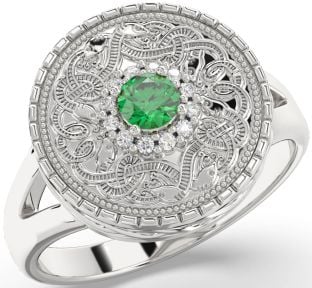 Men's Diamond Emerald Silver Warrior Signet Ring Mens Ladies Unisex