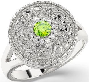 Men's Diamond Peridot Silver Warrior Signet Ring Mens Ladies Unisex