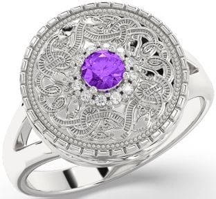 Men's Diamond Amethyst White Gold Warrior Signet Ring Mens Ladies Unisex