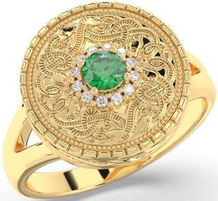 Men's Diamond Emerald Gold Warrior Signet Ring Mens Ladies Unisex