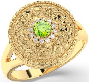 Men's Diamond Peridot Gold Warrior Signet Ring Mens Ladies Unisex