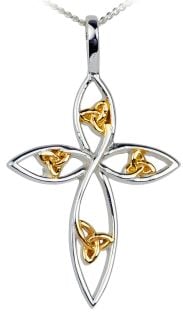 14K Gold Silver Celtic Knot Cross Pendant Necklace