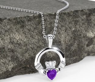 White Gold Amethyst Irish Claddagh Pendant Necklace - Februay Birthstone