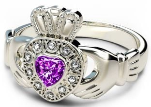 10K/14K/18K White Gold Genuine Diamond .13cts Alexandrite .25cts Claddagh Engagement Ring - June Birthstone 