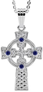 White Gold Genuine Sapphire .12cts Celtic Cross Pendant Necklace