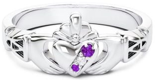 10K/14K/18K White Gold Genuine Amethyst.035cts Genuine Diamond .1cts Claddagh Celtic Knot Ring - February Birthstone