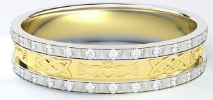 Two Tone Gold White & Yellow Genuine Diamond .5cts Claddagh Celtic Ladies Wedding Band Ring