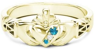 10K/14K/18K Gold Genuine Aquamarine.035cts Genuine Diamond .1cts Claddagh Celtic Knot Ring - March Birthstone