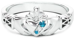 10K/14K/18K White Gold Genuine Aquamarine.035cts Genuine Diamond .1cts Claddagh Celtic Knot Ring - March Birthstone