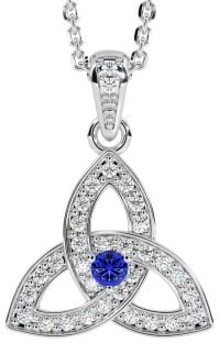White Gold Genuine Diamond .15cts Genuine Sapphire .10cts Celtic Knot Pendant Necklace