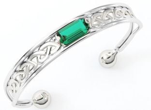 14K White Gold over Solid Silver Emerald Celtic Bangle Bracelet
