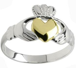 Ladies 10K/14K/18K two tone White Gold & Yellow Gold Heart Claddagh Ring