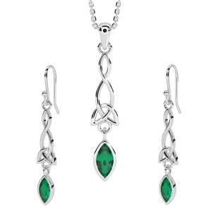 Silver Emerald Celtic Dangle Earrings & Pendant Necklace Set