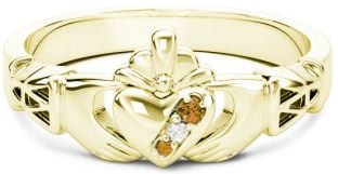 10K/14K/18K Gold Genuine Citrine.035cts Genuine Diamond .1cts Claddagh Celtic Knot Ring - November Birthstone