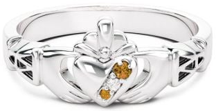 10K/14K/18K White Gold Genuine Citrine.035cts Genuine Diamond .1cts Claddagh Celtic Knot Ring - November Birthstone