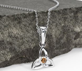 White Gold Citrine .06cts Celtic Knot Pendant Necklace - November Birthstone