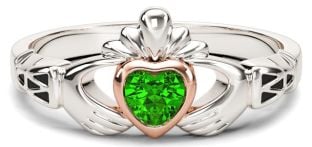 Ladies Emerald Solid Rose Gold & Silver Claddagh Celtic Knot Ring - May Birthstone