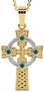 14k Two Tone Gold Solid Silver Emerald Celtic Cross Pendant Necklace