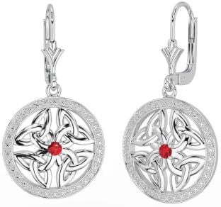 Ruby Silver Celtic Trinity Knot Dangle Earrings