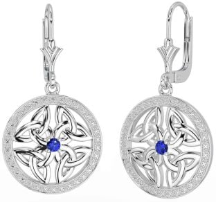 Sapphire Silver Celtic Trinity Knot Dangle Earrings