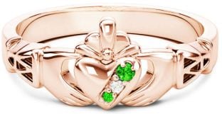 Rose Gold Natural Emerald .035cts Natural Diamond .01cts Claddagh Celtic Knot Ring - May Birthstone